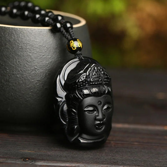 Black Obsidian Buddha Kuan Yin Necklace